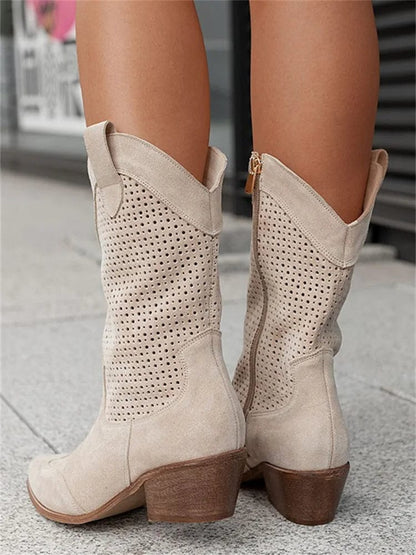Botas Mujer Ortopédicas Caña Media Diseño Perforado Tacón Cómodo