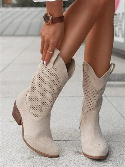 Botas Mujer Ortopédicas Caña Media Diseño Perforado Tacón Cómodo