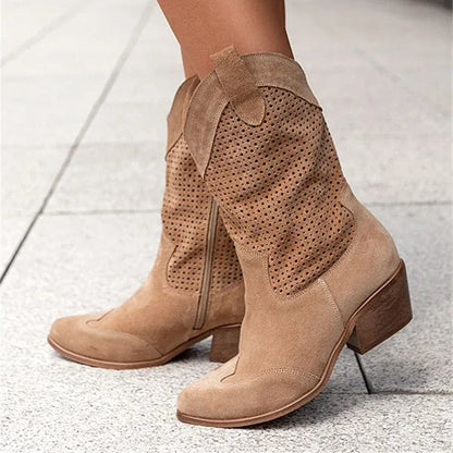 Botas Mujer Ortopédicas Caña Media Diseño Perforado Tacón Cómodo