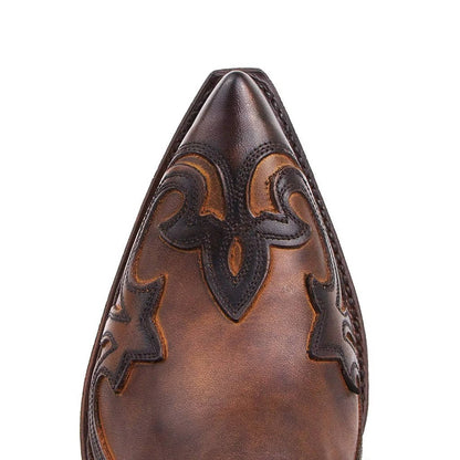 Botines Mujer de Cuero PU Bordado Punta Fina Estilo Vaquero