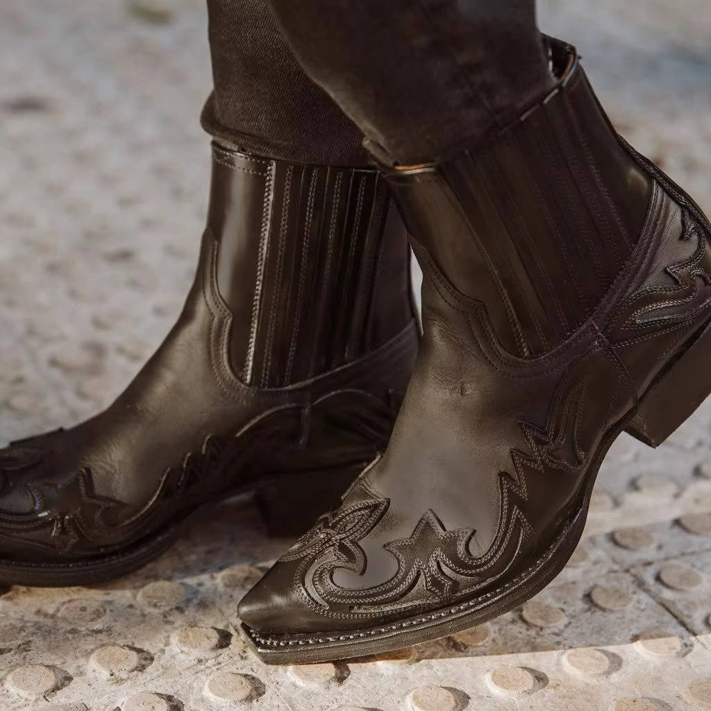 Botines Mujer de Cuero PU Bordado Punta Fina Estilo Vaquero