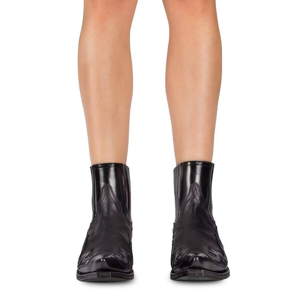 Botines Mujer de Cuero PU Bordado Punta Fina Estilo Vaquero