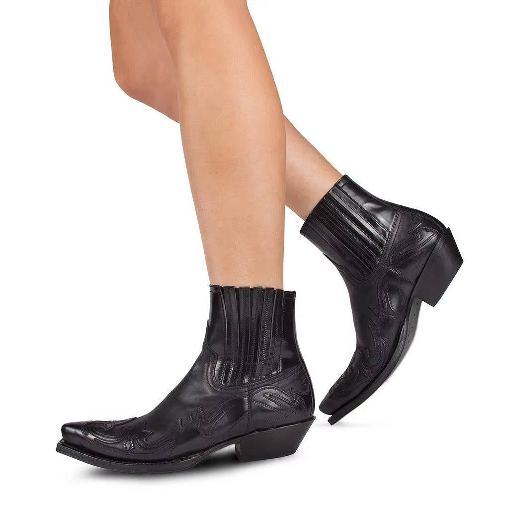 Botines Mujer de Cuero PU Bordado Punta Fina Estilo Vaquero