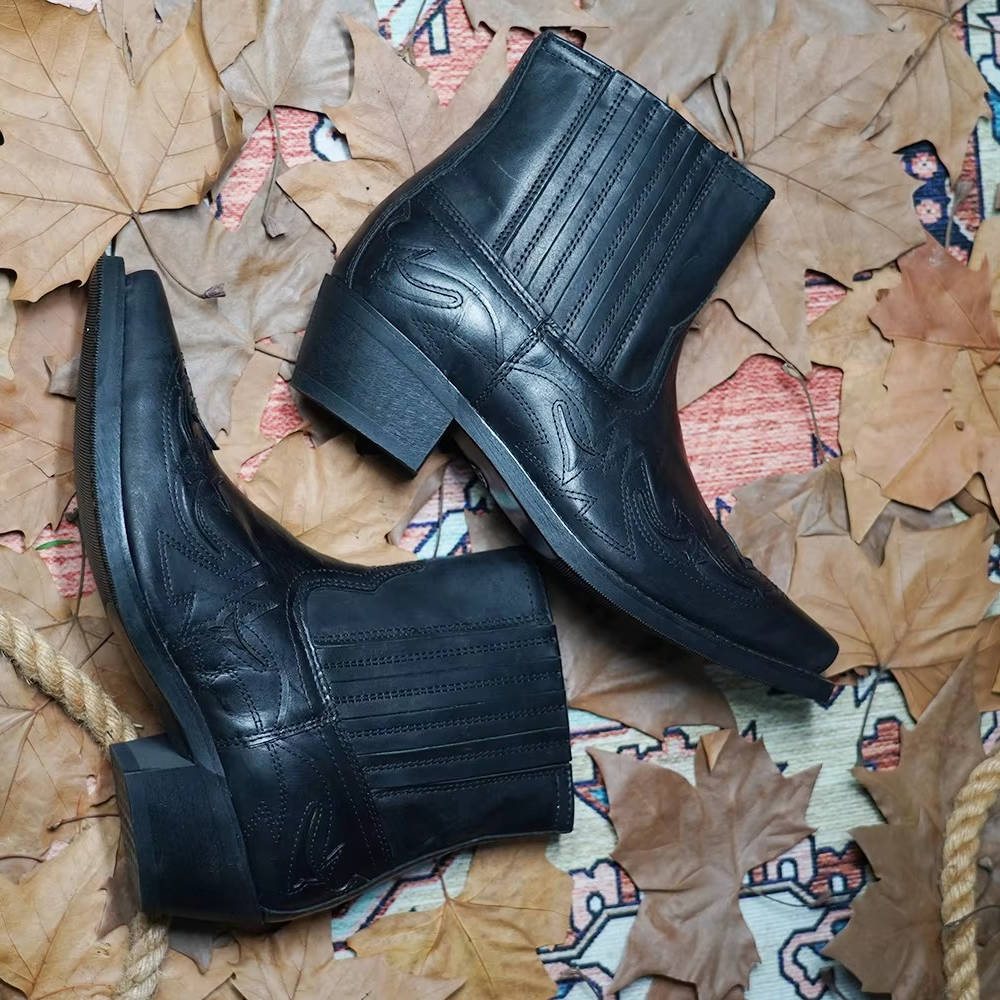 Botines Mujer de Cuero PU Bordado Punta Fina Estilo Vaquero