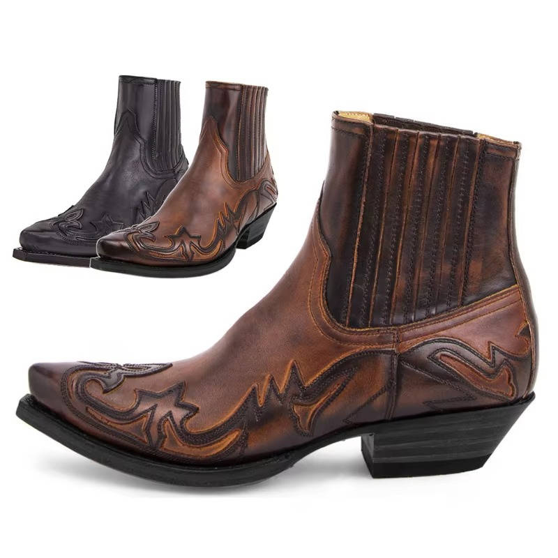 Botines Mujer de Cuero PU Bordado Punta Fina Estilo Vaquero