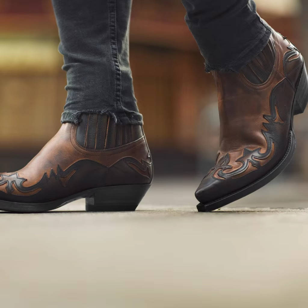 Botines Mujer de Cuero PU Bordado Punta Fina Estilo Vaquero
