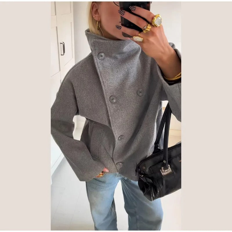 Abrigo Mujer Mezcla de Lana Cuello Alto Botones