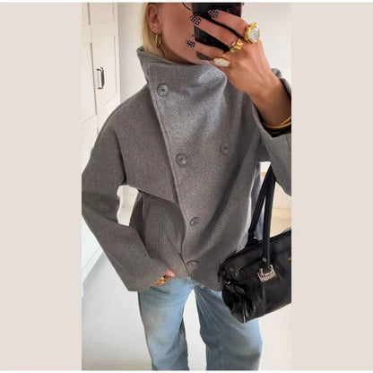 Abrigo Mujer Mezcla de Lana Cuello Alto Botones