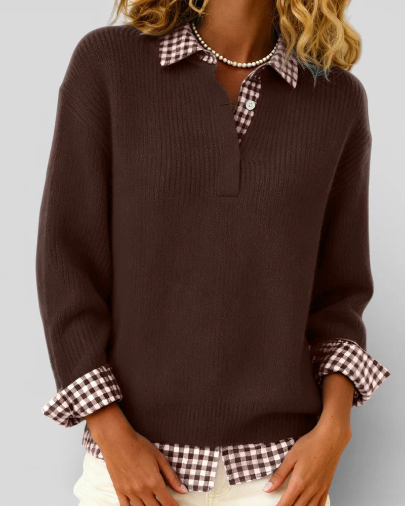 Jersey Mujer de Punto con Detalle de Camisa Cuadros