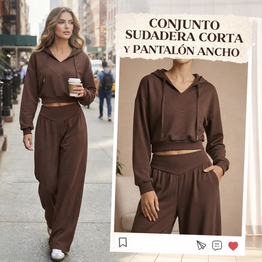 Conjunto Mujer Sudadera Corta y Pantalón Ancho