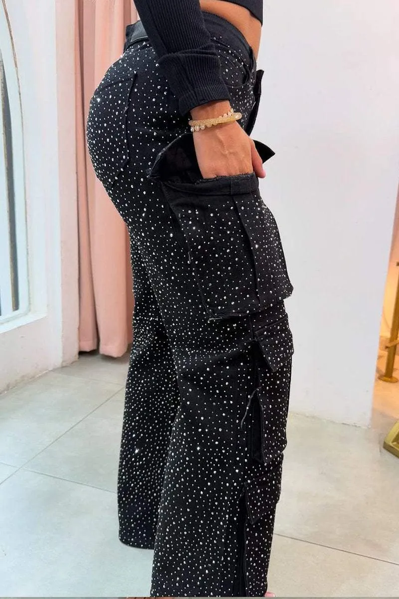 Pantalón Cargo Mujer con Efecto Brillante y Bolsillos Amplios