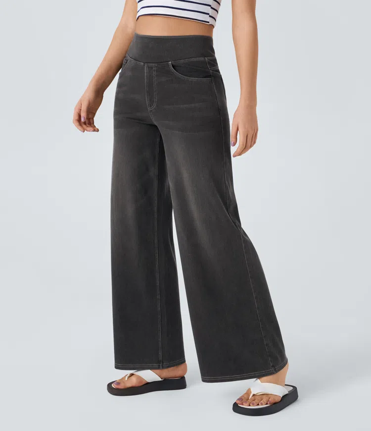 Pantalones mujer denim elástico talle alto pierna ancha moldeadores - Mavetta
