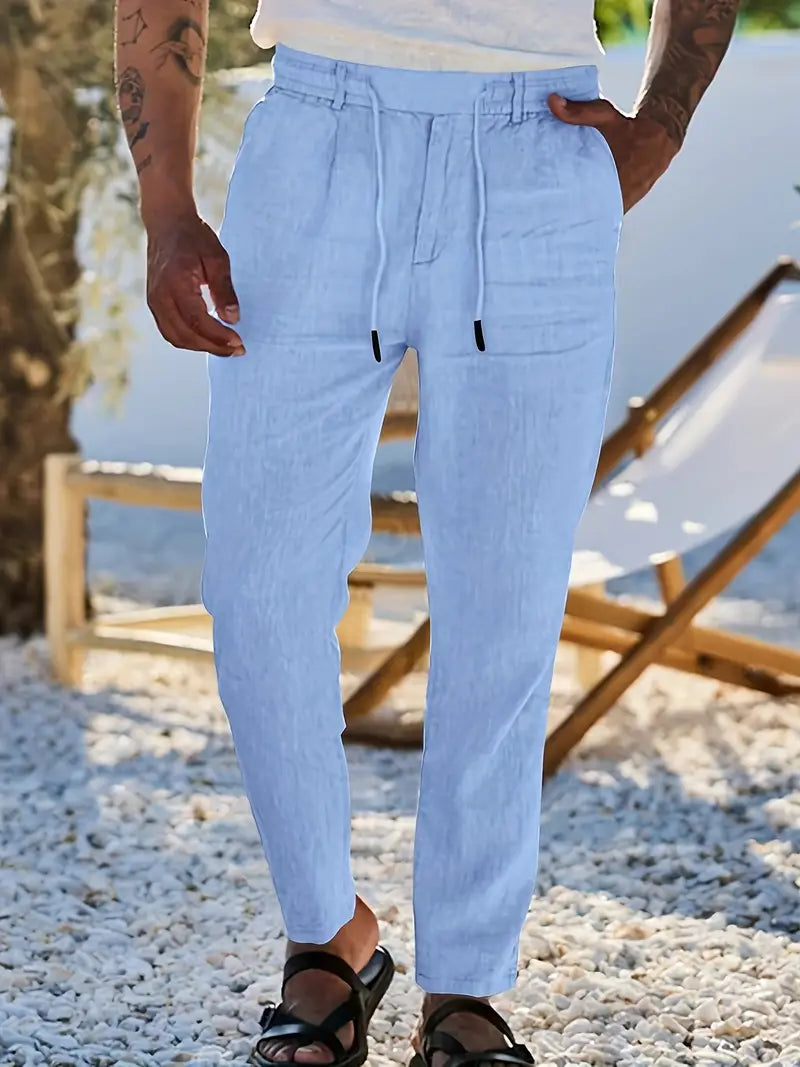 Pantalones Lino Hombre Anchos Cordón Ajustable