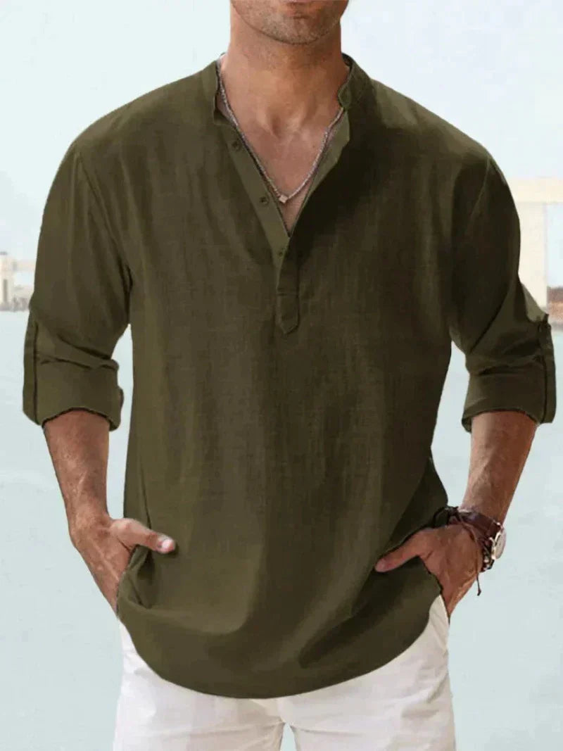 Camisa Hombre Manga Larga Cuello Mao Corte Suelto