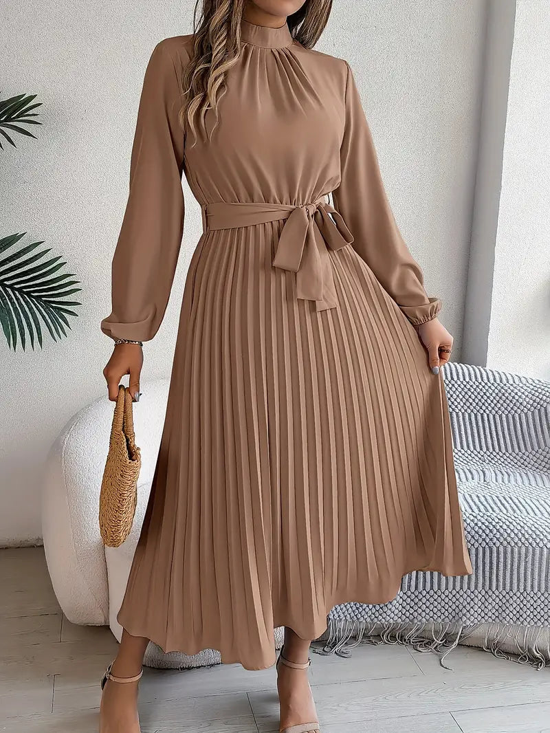 Vestido plisado Mujer manga larga con cinturón ajustable