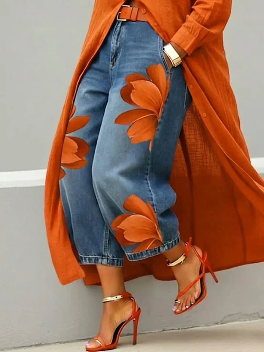 Conjunto Mujer Camisa Larga y Jeans Estampado Floral