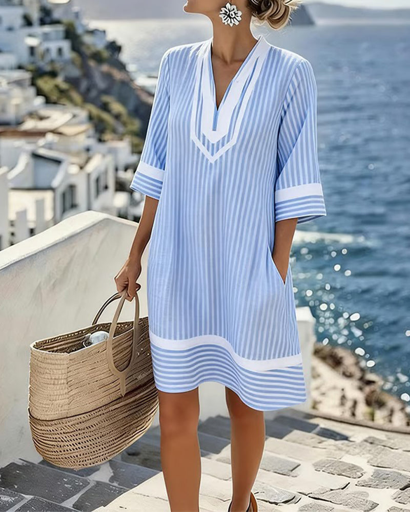 Vestido Mujer Rayas Cuello en V Estilo Casual Veraniego - Mavetta