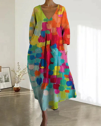 Vestido largo Mujer Escote en V Estampado Artistico