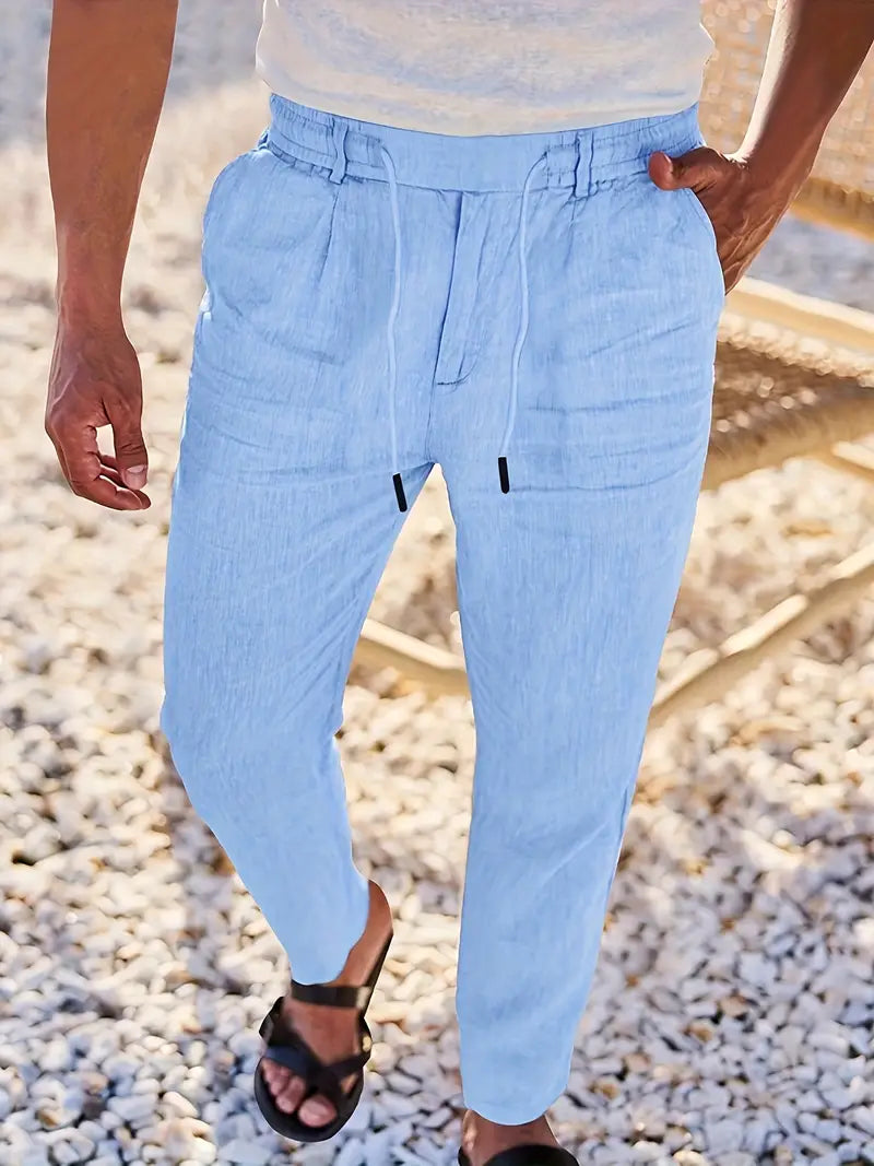 Pantalones Lino Hombre Anchos Cordón Ajustable