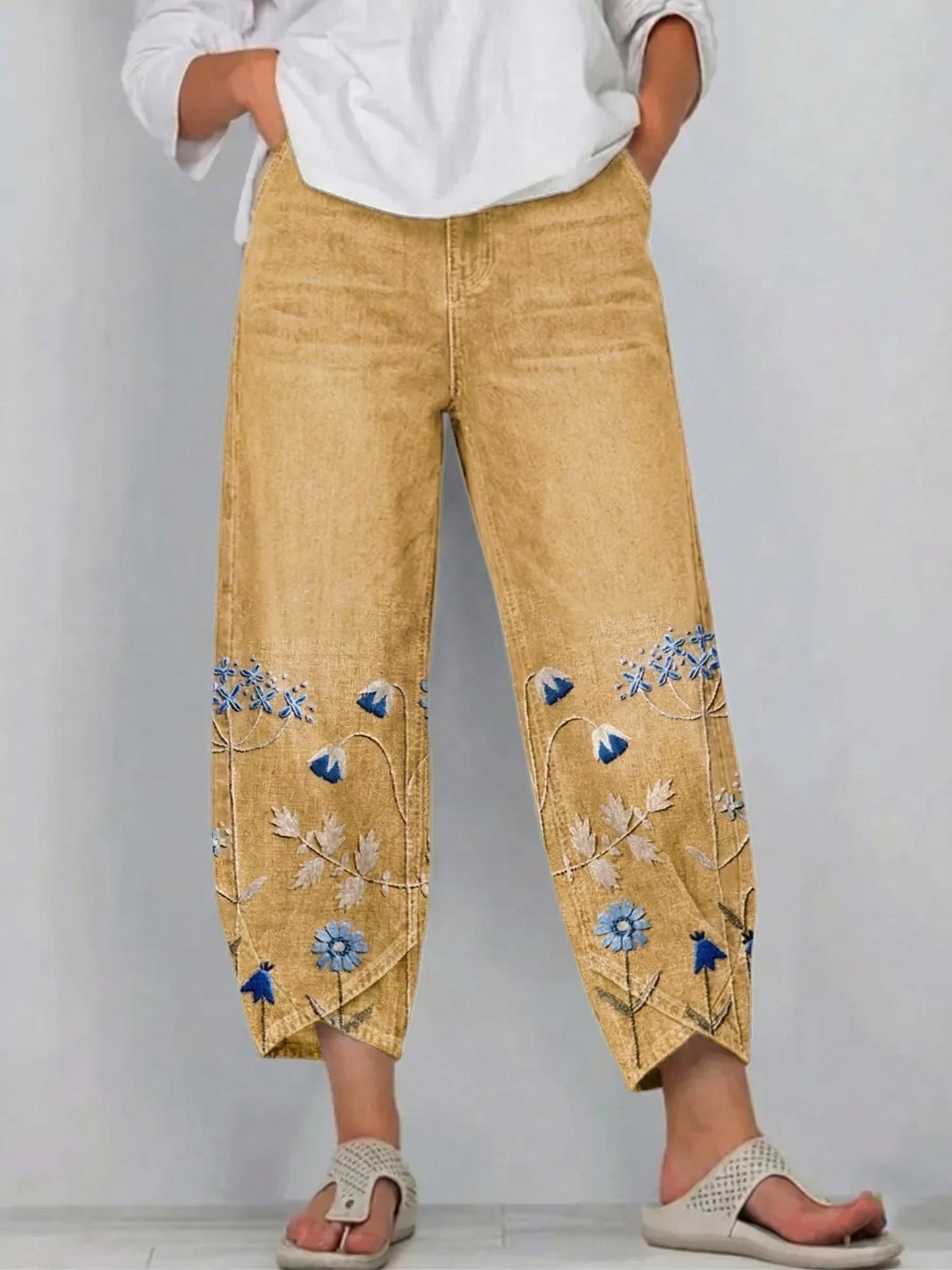 Pantalón mujer denim algodón bordado floral corte recto boho