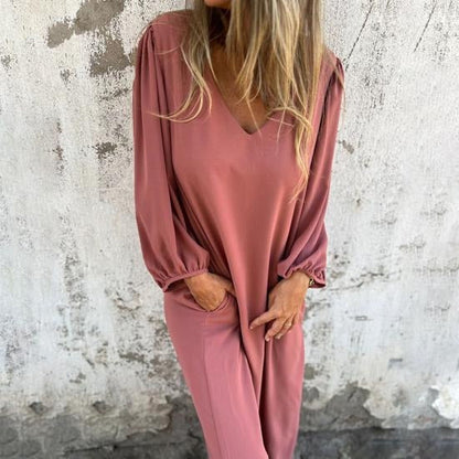 Vestido largo Mujer fluido escote en V mangas abullonadas