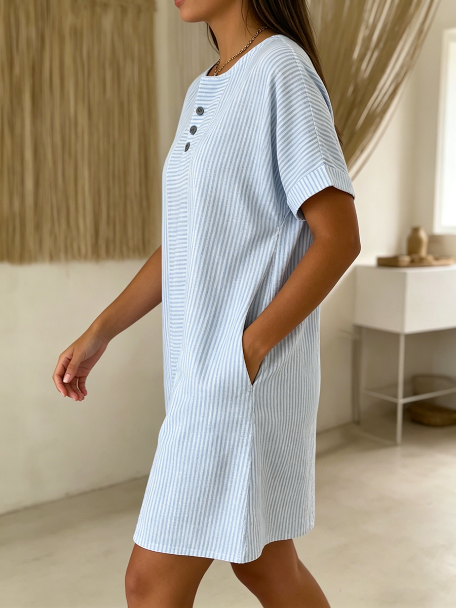 Vestido Mujer Algodón Lino Botones Corte Suelto