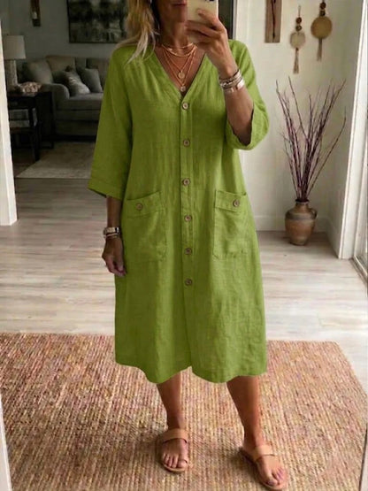Vestido midi mujer Algodón lino con botones estilo casual