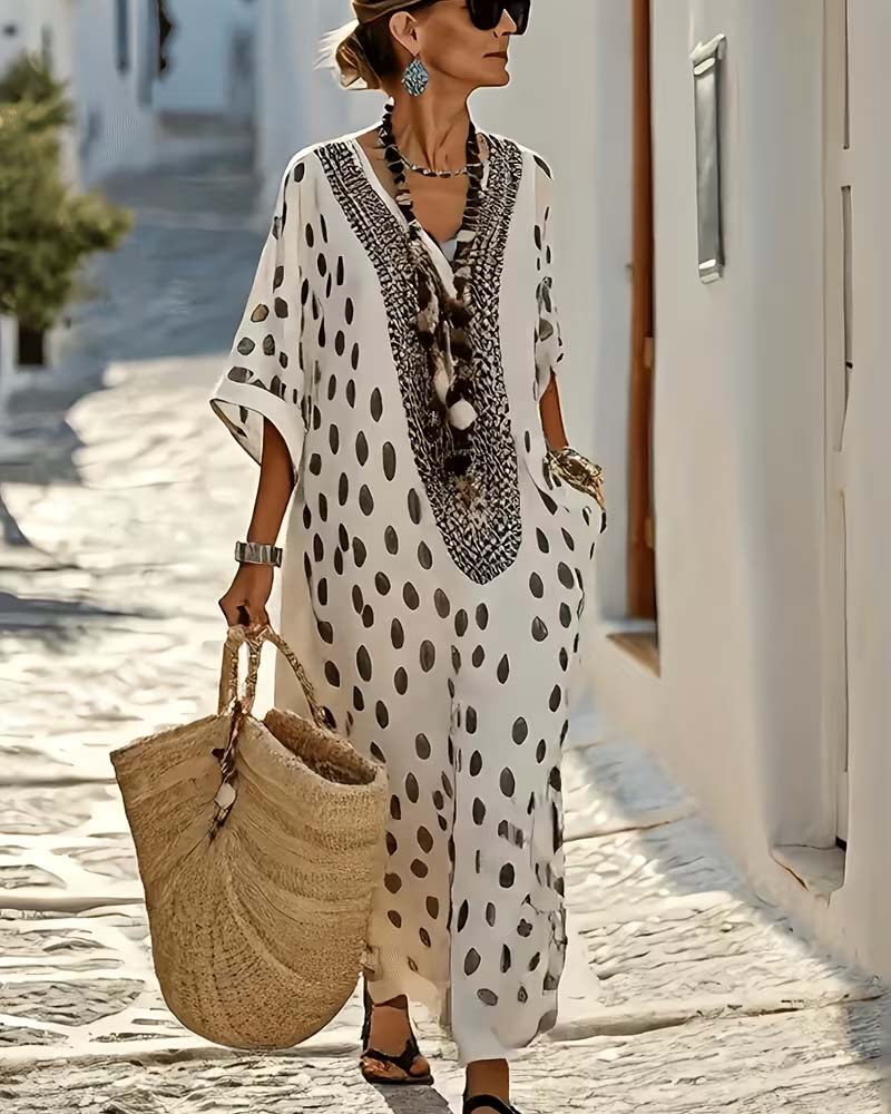 Vestido Maxi Mujer de Algodón Cuello en V Bordado Étnico