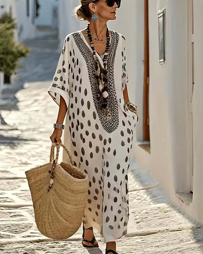 Vestido Maxi Mujer de Algodón Cuello en V Bordado Étnico