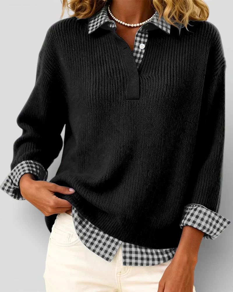 Jersey Mujer de Punto con Detalle de Camisa Cuadros
