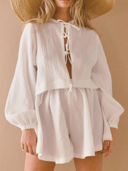 Conjunto Mujer de Dos Piezas Manga Larga y Short Cintura Alta