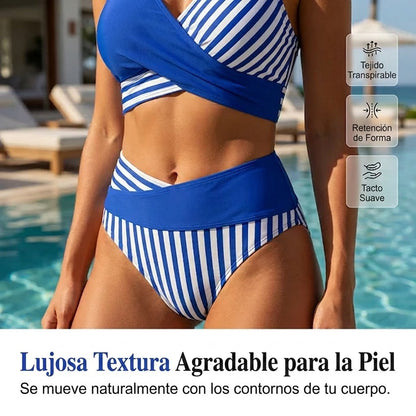 Bikini Mujer de Dos Piezas con Bloques y Rayas