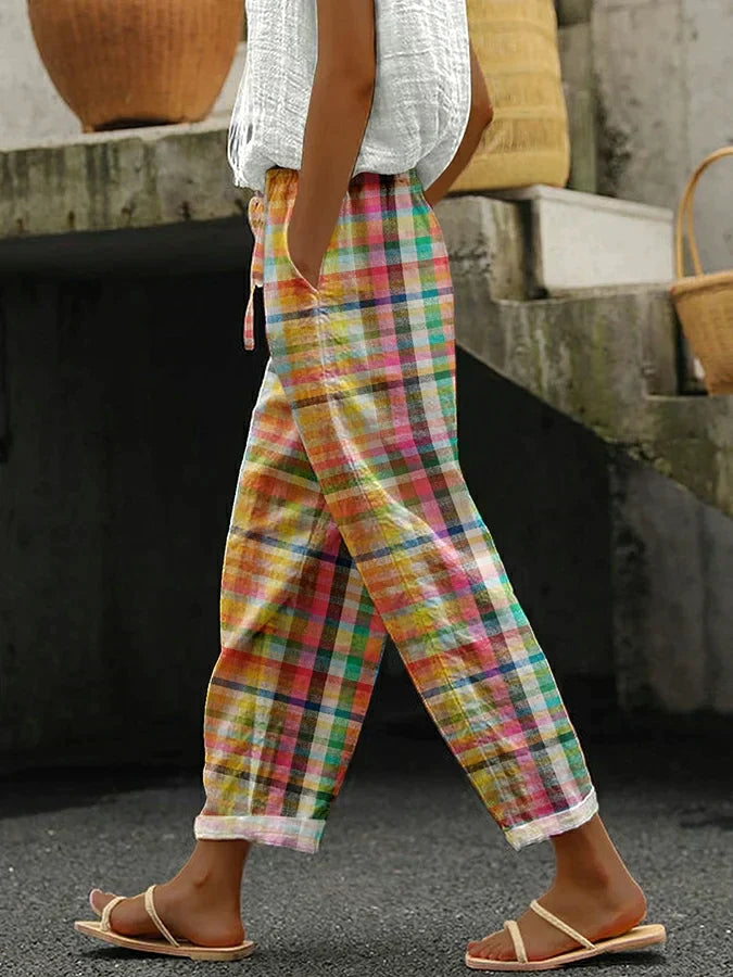 Pantalones Mujer de Tela con Pernera Recta Estampado Cuadros - Mavetta