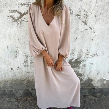 Vestido largo Mujer fluido escote en V mangas abullonadas - Mavetta