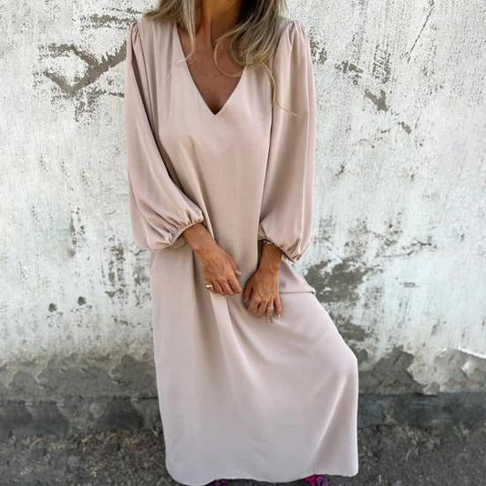 Vestido largo Mujer fluido escote en V mangas abullonadas - Mavetta