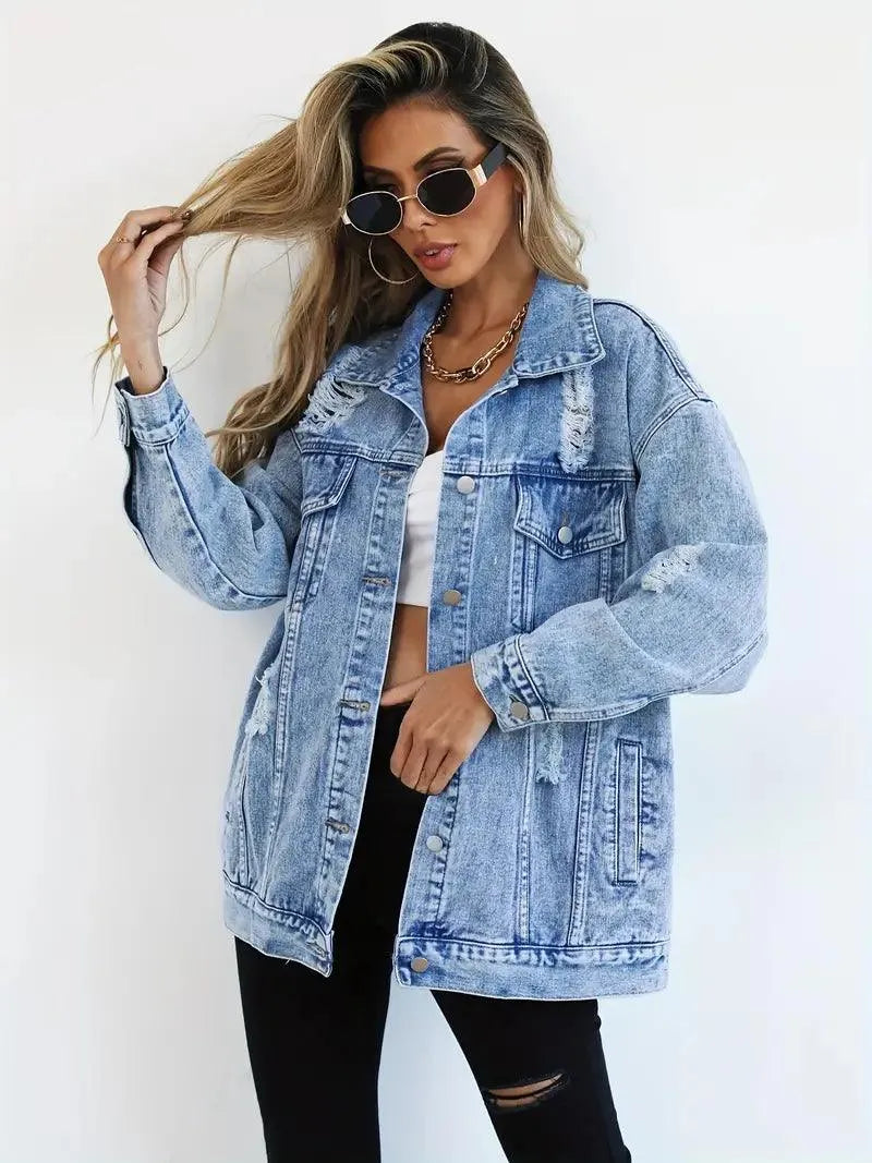 Chaqueta Vaquera Mujer Algodón Oversize Efecto Lavado Desgastada