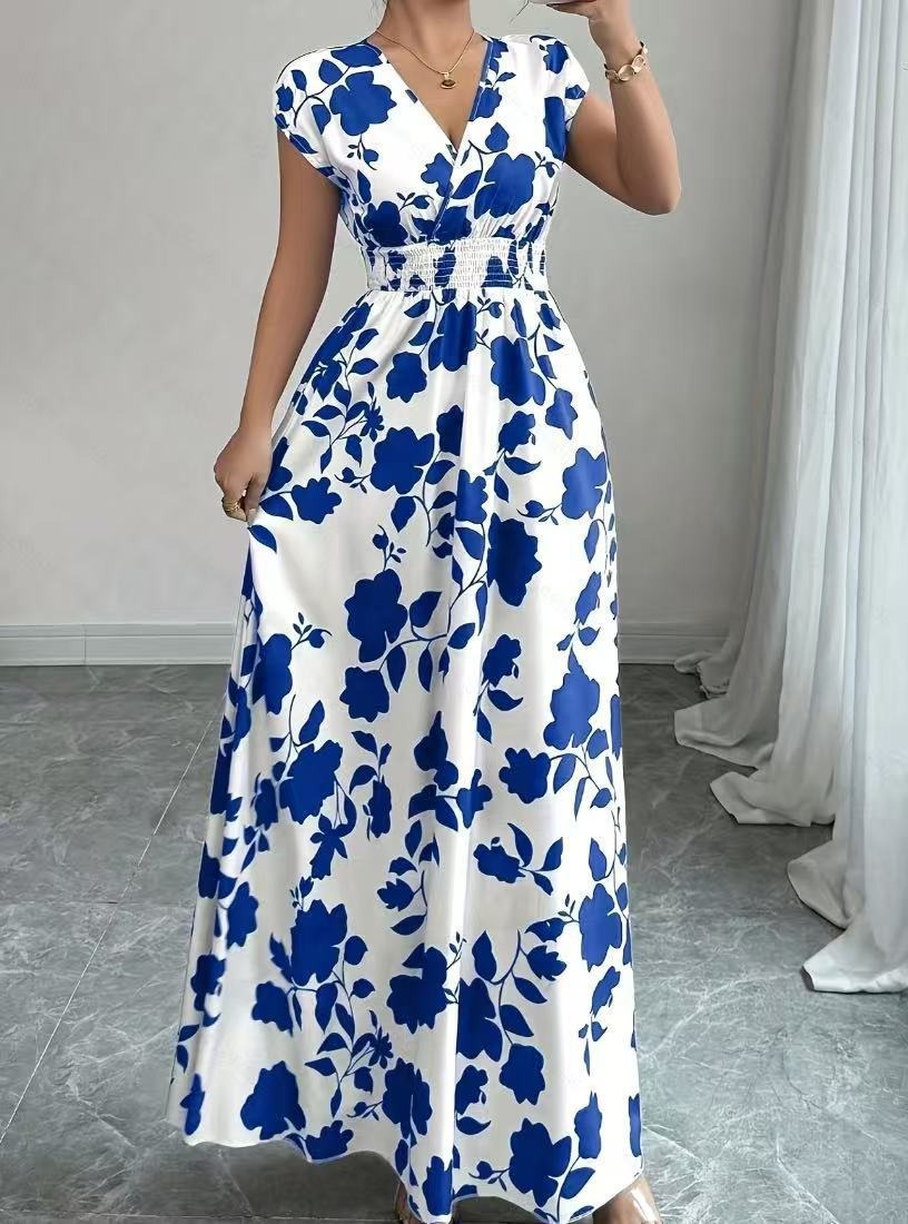 Vestido largo Mujer de Tela Floral Escote en V