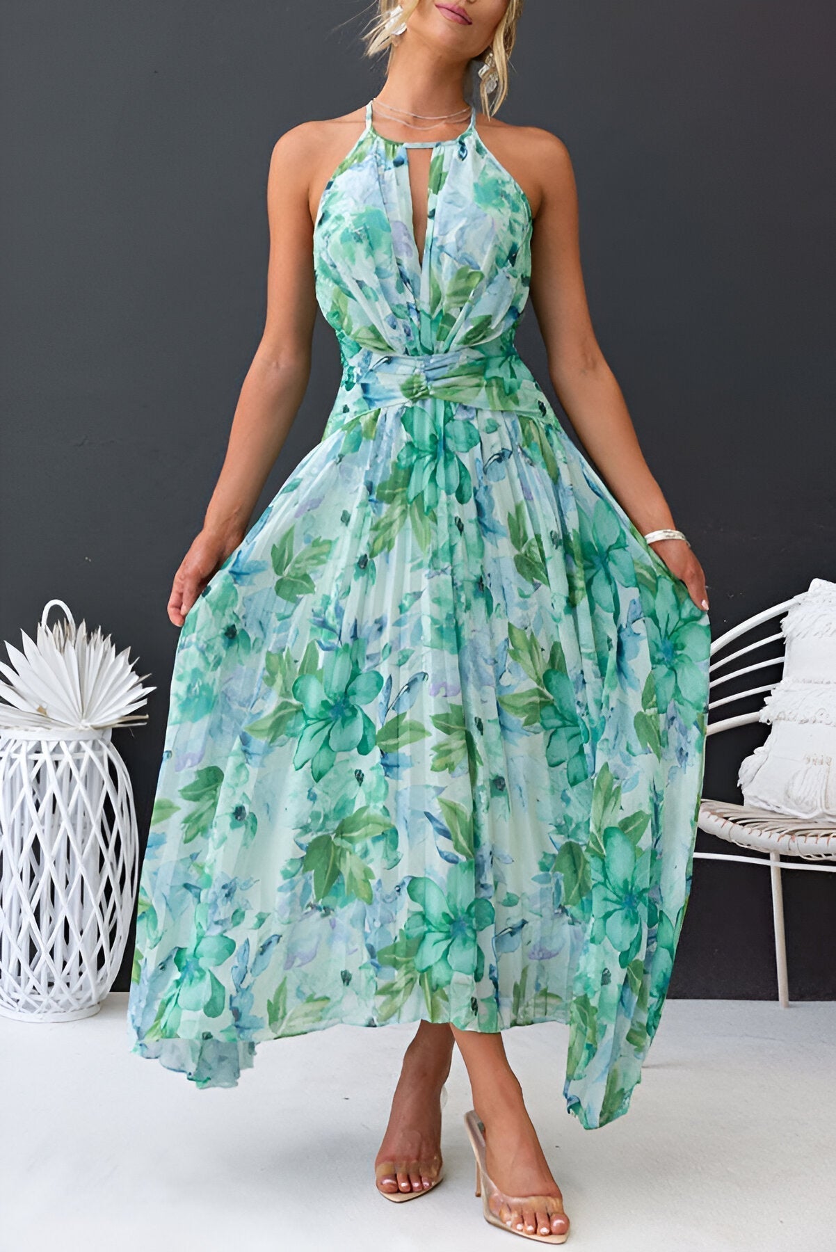 Vestido maxi mujer con pliegues y estampado floral