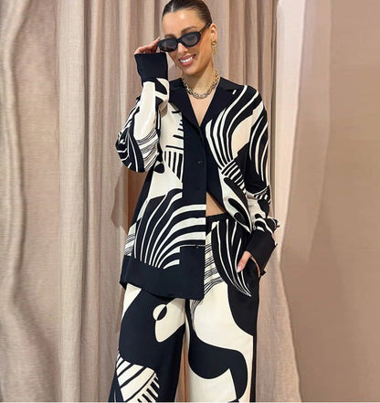 Conjunto Mujer Dos Piezas Camisa Manga Larga Botones y Pantalón