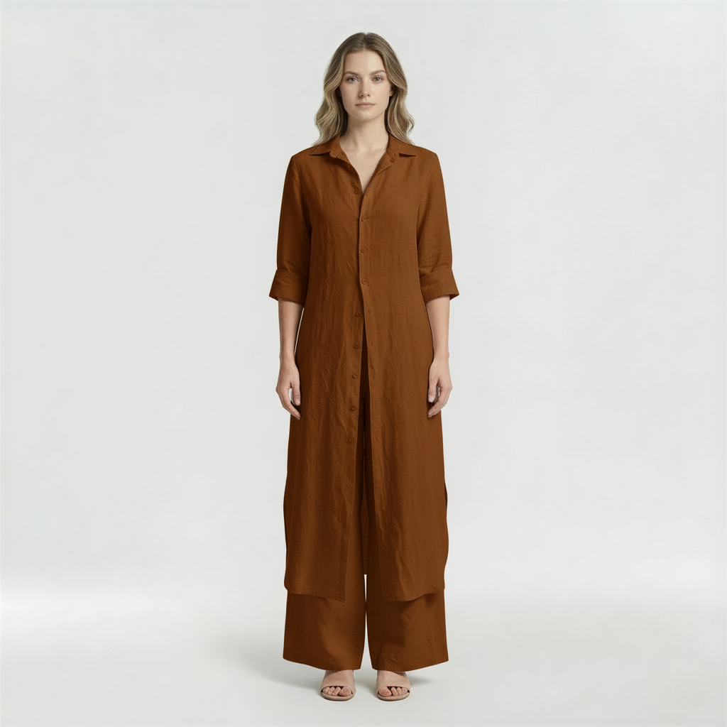 Conjunto Mujer Camisa Larga y Pantalón Pata Ancha Mezcla Lino