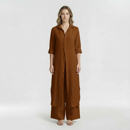 Conjunto Mujer Camisa Larga y Pantalón Pata Ancha Mezcla Lino