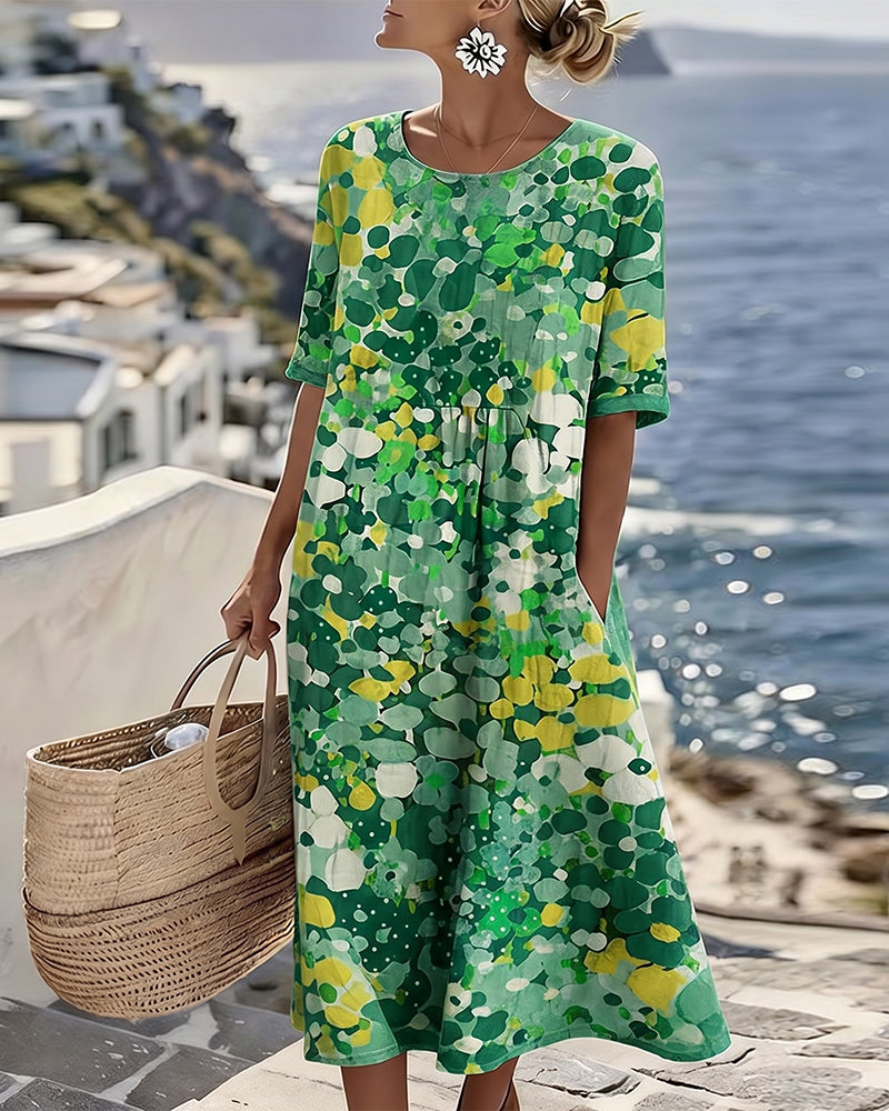 Vestido midi mujer algodón lino estampado bolsillos verano
