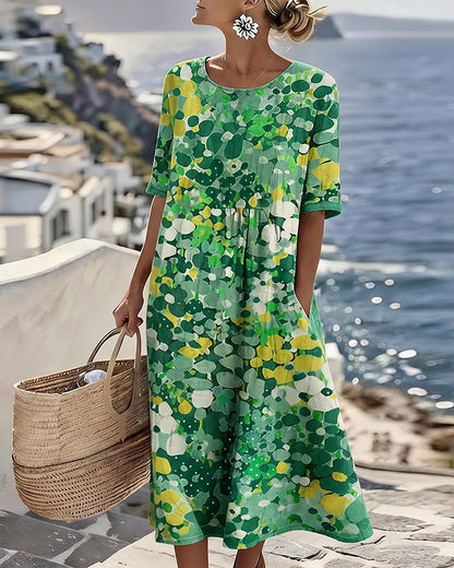 Vestido midi mujer algodón lino estampado bolsillos verano