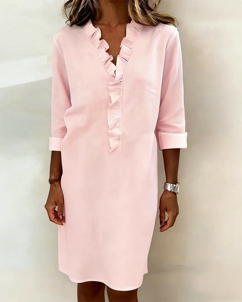 Vestido mujer lino algodón escote en V volantes casual