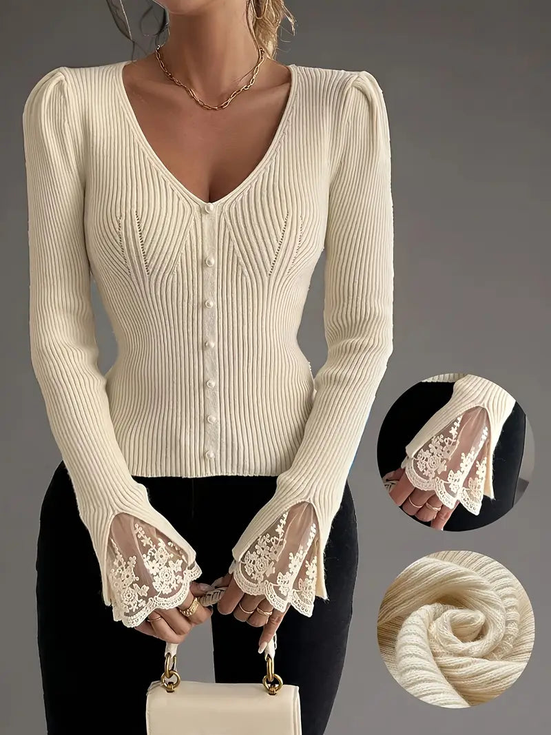 Blusa mujer de encaje y cuello en V manga larga - Mavetta