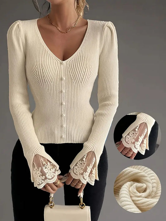 Blusa mujer de encaje y cuello en V manga larga - Mavetta