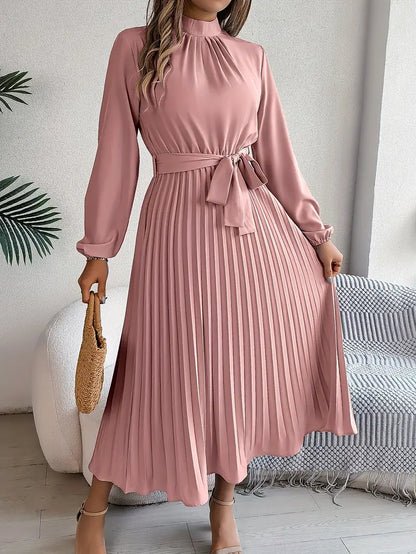 Vestido Largo Mujer Plisado Manga Larga Cuello Alto Cinturon
