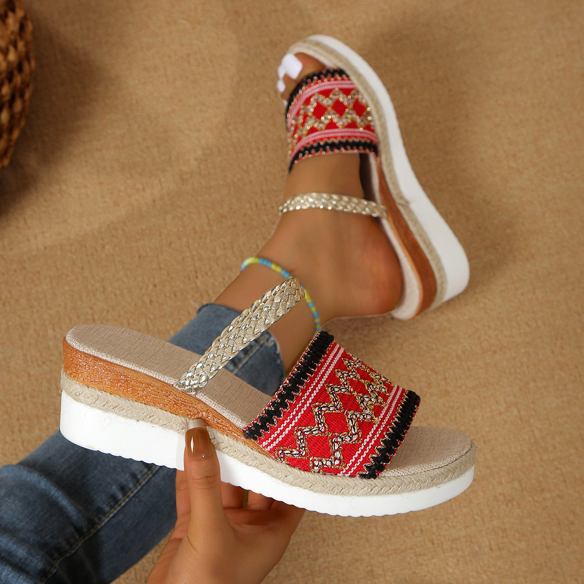 Sandalias Cuña Mujer Diseño Ondas Estilo Étnico Verano