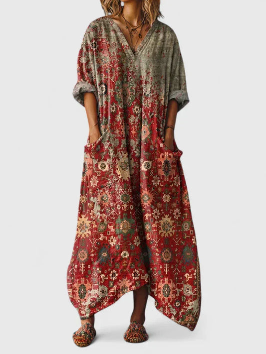 Vestido Largo Mujer Estampado Flores Cuello en V Vintage - Mavetta