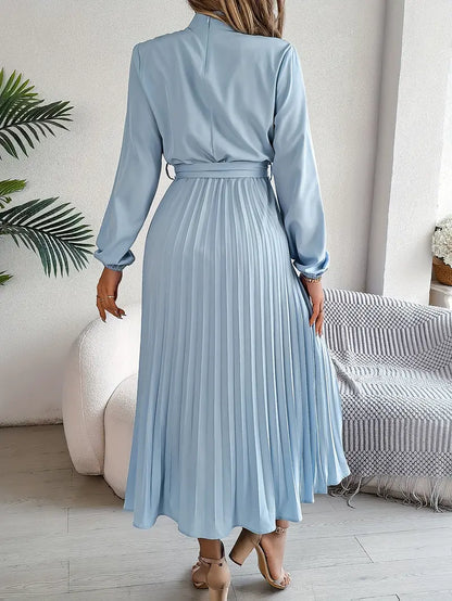 Vestido Largo Mujer Plisado Manga Larga Cuello Alto Cinturon